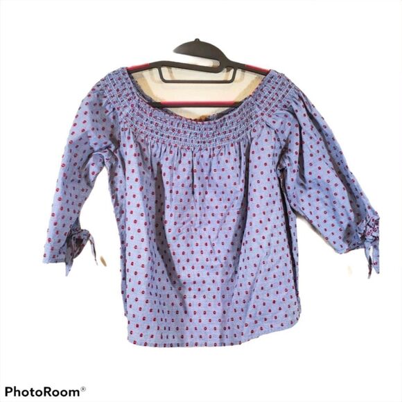 Aqua Off the Shoulder Peasant Gingham Swiss Dot Cotton Summer Picnic Crop Blouse - Picture 3 of 8